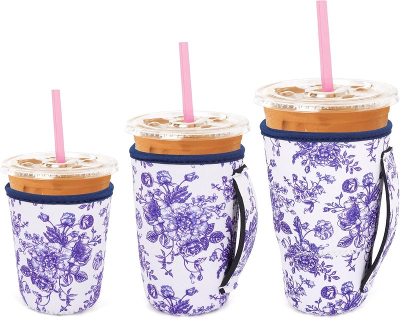 Snowso 3 Pack Iced Coffee sleeve Insulated Neoprene Cup Sleeves with handle For Cold Drinks Beverages, Reusable Cup Holder for 16oz-32oz Coffee Cups (Floral Porcelain) - Image 1